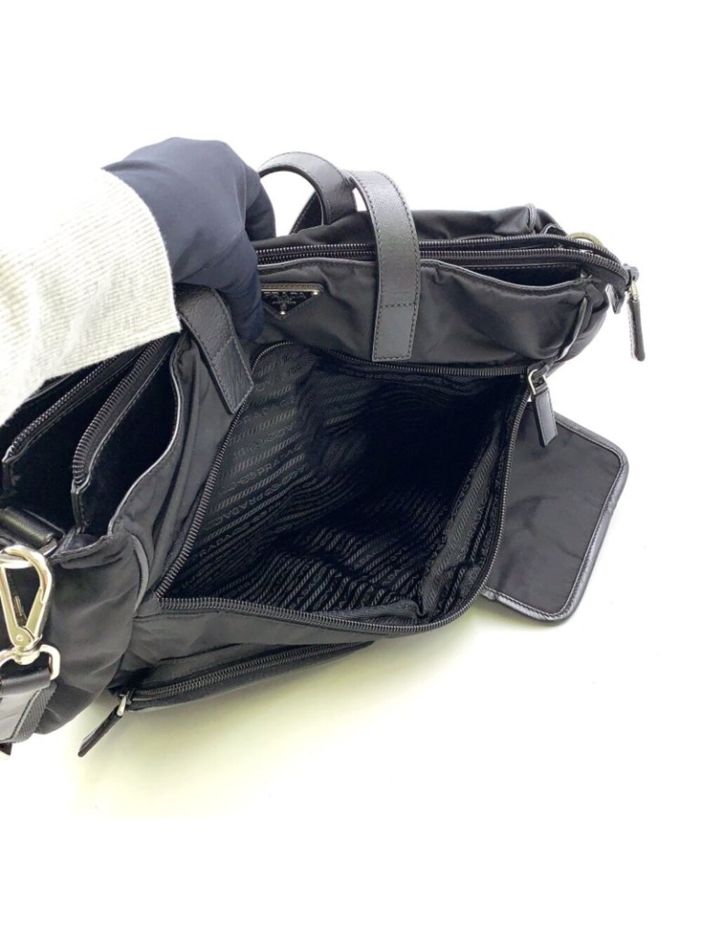 Prada 2-Way Shoulder Leather Nylon Black Handbag Silver - Picture 12 of 14